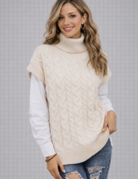 Cable Knit Sleeveless Turtleneck Vest