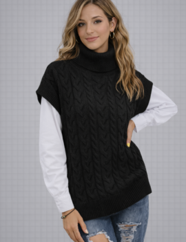 Cable Knit Sleeveless Turtleneck Vest