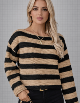 Striped Knit Sweater – Camel & Black